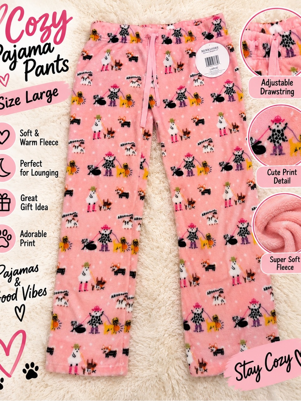 Kids Cozy Pink Fleece Pajama Pants - Cute Animal Print